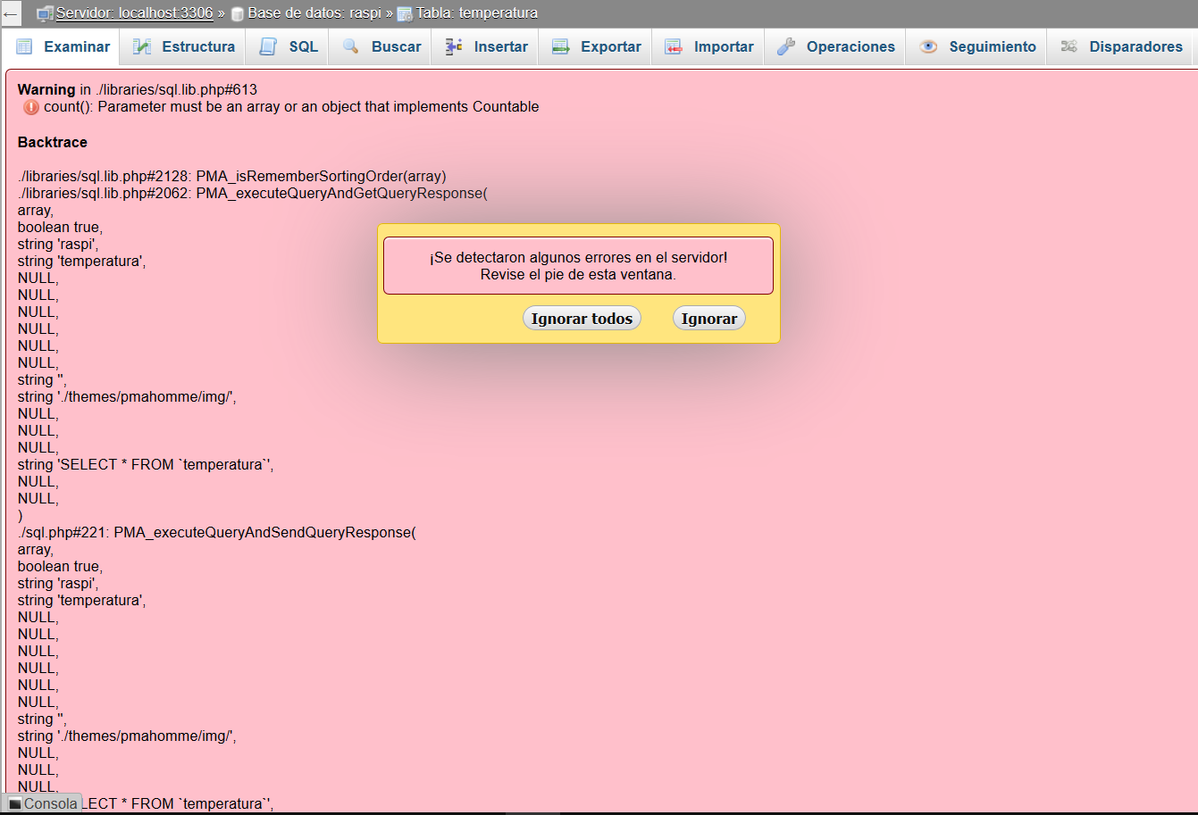 Solucionar: Error phpMyAdmin. count(): Parameter must be an array or an object that implements Countable