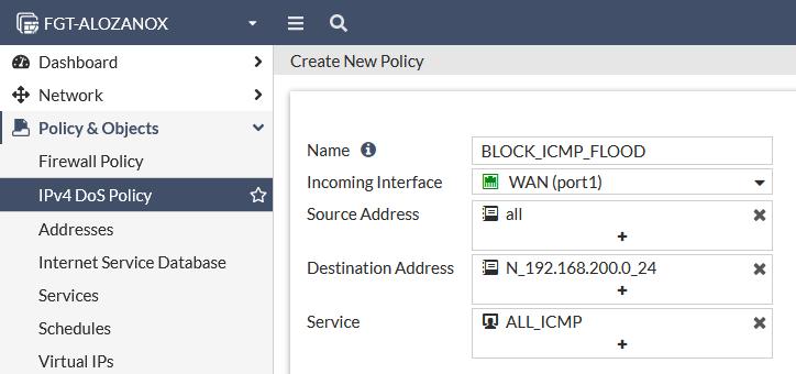 Crear regla/policy IPv4 DoS en FortiGate