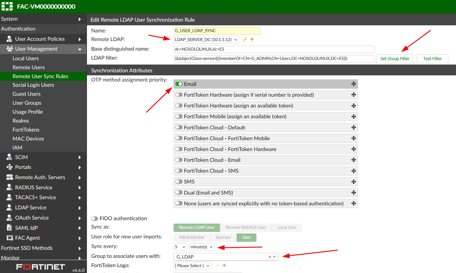 Sincronizar usuarios LDAP con FortiAuthenticator