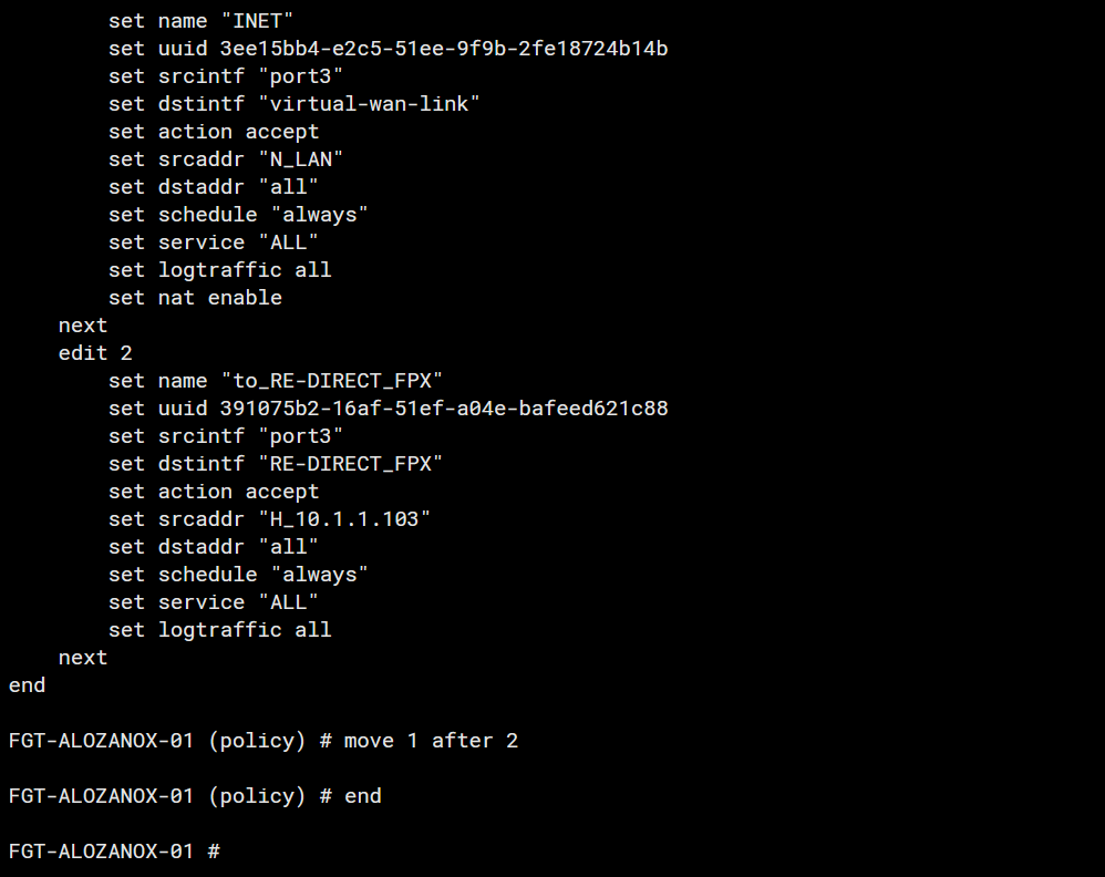 Mover política en FortiGate mediante CLI