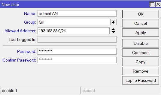 Crear nuevo usuario admin en Mikrotik