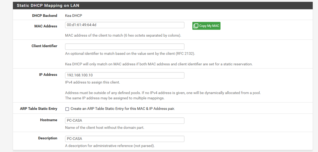 Configurar Mapeos Estáticos de DHCP en pfSense